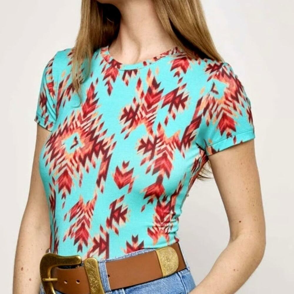L'Agence Women's Pool Blue Multi Print Ressi SS Crewneck Ganado T-Shirt Size M